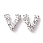 925 Sterling Silver Micro Pave Cubic Zirconia Beads, Real Platinum Plated, Letter V, 9x9.5x3.5mm, Hole: 2.5x1.5mm(STER-Z005-15P-V)