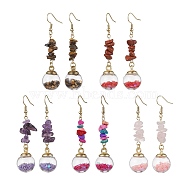 Natural & Synthetic Mixed Gemstone Chips Dangle Earrings, Glass Wish Ball Drop Earrings, 66.5x16mm(EJEW-JE05634)