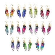Resin Butterfly Wing Dangle Earrings with Clear Cubic Zirconia, Real 18K Gold Plated Brass Jewelry for Women, Cadmium Free & Lead Free, Mixed Color, 70mm, Pin: 0.7mm(EJEW-G302-01G)