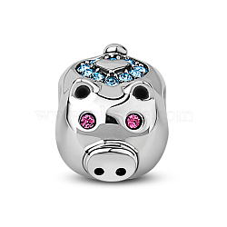 TINYSAND Pig Rhodium Plated 925 Sterling Silver Cubic Zirconia European Beads, Large Hole Beads, Platinum, 8.66x8.32x10.72mm, Hole: 4.6mm(TS-C-050)