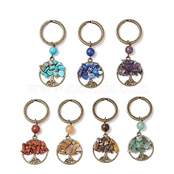 7Pcs Natural Gemstone Keychains, with Alloy & Iron Split Key Rings, Tree of Life, Antique Bronze, 68mm,  ring: 25x2mm, pendant: 28.5x25x5~6mm, 7pcs/set(KEYC-JKC01222)