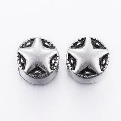 304 Stainless Steel European Beads, Large Hole Beads, Flat Round with Star, Antique Silver, 11x10mm, Hole: 5mm(STAS-H371-13AS)