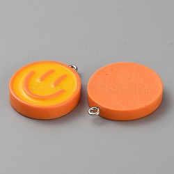 Opaque Resin Enamel Pendants, Smiling Face Print Flat Round Charms with Platinum Plated Iron Loops, Coral, 27~28x23x3.5~4.5mm, Hole: 2mm(RESI-WH0036-20C)