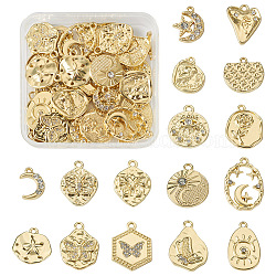 32pcs 16 style Alloy Pendants, Flat Round with Rose & Moon & Star & Horse Eye, Golden, 15~27x10~20.5x2~4mm, Hole: 1.6~2.2mm, 2pcs/style(FIND-TA0001-73)