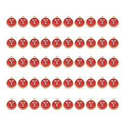 Golden Plated Alloy Charms, with Enamel, Enamelled Sequins, Flat Round, Red, Letter.Y, 14x12x2mm, Hole: 1.5mm, 50pcs/Box(ENAM-SZ0001-25C-Y)