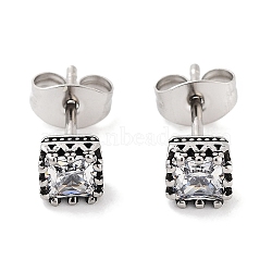 Square 316 Surgical Stainless Steel Pave Cubic Zirconia Stud Earrings for Women Men, Antique Silver, Clear, 5x5mm(EJEW-Z050-05A-AS)