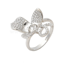 Flower Brass Micro Pave Cubic Zirconia Cuff Ring Settings, for Half Drilled Beads, Rack Plating, Long-Lasting Plated, Lead Free & Cadmium Free, Platinum, US Size 6(16.5mm), Tray: 17x22.5mm, Pin: 5x0.7mm(KK-K297-08P)