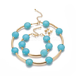 304 Stainless Steel Jewelry Sets, Stud Earrings & Necklaces & Bracelets, with Synthetic Turquoise, Flat Round, Golden, 13.7 inch(35cm), 7-1/8 inch(18cm), 17x6mm, Pin: 0.8mm(SJEW-G073-03G)