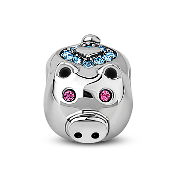 TINYSAND Pig Rhodium Plated 925 Sterling Silver Cubic Zirconia European Beads, Large Hole Beads, Platinum, 8.66x8.32x10.72mm, Hole: 4.6mm