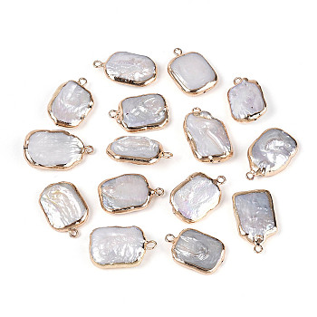 Natural Keshi Pearl Rectangle Pendants, with Brass Edged, Cultured Freshwater Pearl Baroque Pearl Charms, Golden, Seashell Color, 20~27x13~17.5x3~10mm, Hole: 1.8~2mm