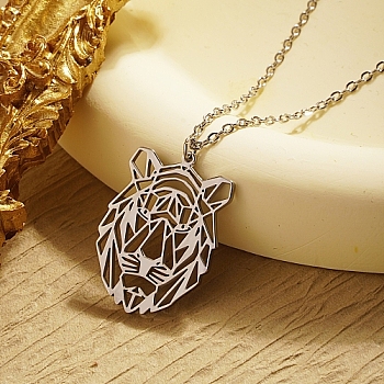 Stainless Steel Color Stainless Steel Pendant Necklace, Origami Animal, Tiger, 17.72 inch(45cm), Pendant: 26x19mm