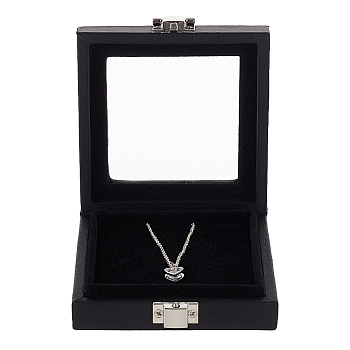 Imitation Leather Jewelry Organizer Box, with Glass Window and Clasps, for Jewelry Storage Package, Square, Black, 9.6x9.15x3cm