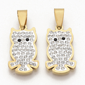 201 Stainless Steel Pendants, with Random Size Snap On Bails and Polymer Clay Crystal Rhinestones, Owl, Golden, 24x14x3mm, Hole: 8~10x3~5mm