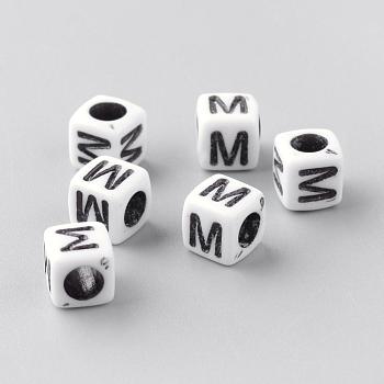 Opaque Acrylic Beads, Letter Style, Cube, Letter.M, 6x6x6mm, Hole: 3mm, about 3000pcs/500g