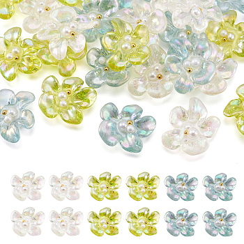 24Pcs 3 Colors AB Color Transparent Epoxy Resin & ABS Pearl Decoden Cabochons, Flower with Steel Beads, Mixed Color, 20x23x7.5mm, 8pcs/color