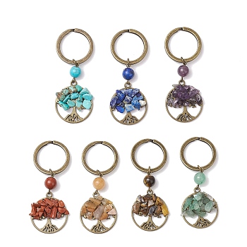 7Pcs Natural Gemstone Keychains, with Alloy & Iron Split Key Rings, Tree of Life, Antique Bronze, 68mm,  ring: 25x2mm, pendant: 28.5x25x5~6mm, 7pcs/set
