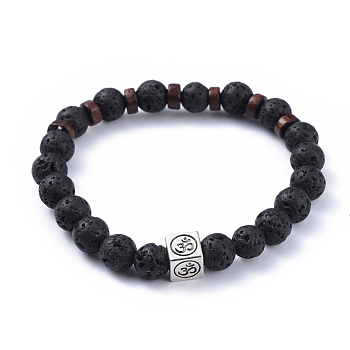 Natural Lava Rock Stretch Bracelets, with Wood Beads and Tibetan Style Alloy Beads, Cube with Om Symbol, 2-3/8 inch(5.9cm)