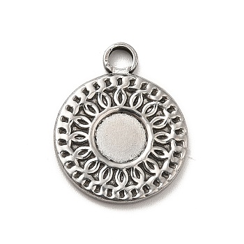 304 Stainless Steel Pendant Cabochon Settings, Flat Round with Flower, Stainless Steel Color, Tray: 6mm, 19x15.5x2mm, Hole: 2.5mm