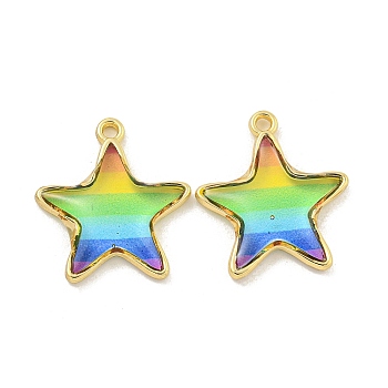 Rainbow Color Opaque Resin Pendants, Real 18K Gold Plated Brass Charms, Cadmium Free & Lead Free, Star, 18x16x3mm, Hole: 1.2mm