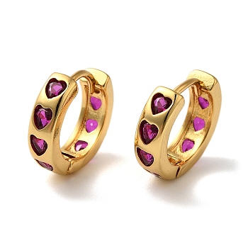 Rack Plating Brass Micro Pave Cubic Zirconia Hoop Earrings, Lead Free & Cadmium Free, Long-Lasting Plated, Real 18K Gold Plated, Deep Pink, 15x4mm