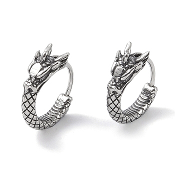316 Surgical Stainless Steel Hoop Earrings, Ring & Dragon, Antique Silver, 18x14.5mm