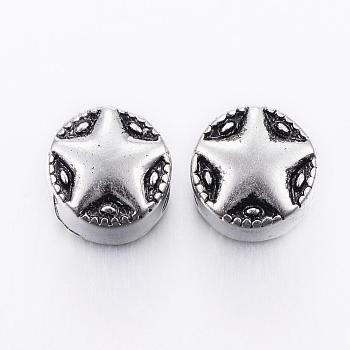 304 Stainless Steel European Beads, Large Hole Beads, Flat Round with Star, Antique Silver, 11x10mm, Hole: 5mm