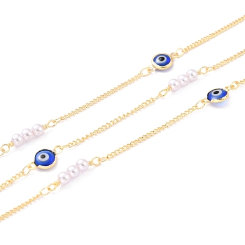 Handmade Brass Curb Chains, with Glass Evil Eye Links and CCB Plastic Imitation Pearl, with Spool, Soldered, Long-Lasting Plated, Round & Flat Round, Golden, Round Link: 18.5x4mm, Flat Round with Evil Eye Link: 12x7x3mm, 32.8 Feet(10m)/roll