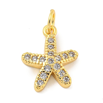 Rack Plating Brass Micro Pave Clear Cubic Zirconia Pendants, Long-Lasting Plated, with Jump Rings, Lead Free & Cadmium Free, Real 18K Gold Plated, Starfish, 14.5x11x2.5mm, Hole: 3mm