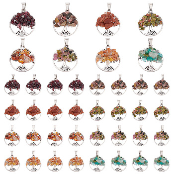Elite 8Pcs 8 Styles Natural & Synthetic Mixed Stone Chip Pendants, with Platinum Tone Alloy Findings, Flat Round with Life of Tree Charm, 29x25x4~6mm, Hole: 4x7mm, 1pc/style, 8pcs/set, 4 sets/box