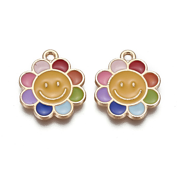 Alloy Enamel Pendants, Sunflower, Light Gold, Colorful, 19x16x2mm, Hole: 1.6mm