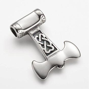 304 Stainless Steel Pendants, Thor's Hammer with Bat, Antique Silver, 35x27x7mm, Hole: 6mm