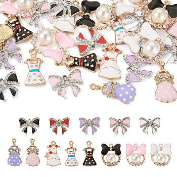 Pandahall 26Pcs 13 Styles Alloy Enamel with Crystal Rhinestone Pendants, with Plastic Pearl Beaded, Bowknot & Dress Charms, Mixed Color, 17~27x11.5~20.5x3.5~10.5mm, Hole: 1.5~2mm, 2Pcs/style