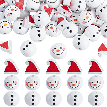 60Pcs 3 Styles Christmas Theme Printed Wood European Beads, Large Hole Beads, Snowman & Hat, Mixed Color, 14.5~20x14.5~18mm, Hole: 2.5~5mm, 60pcs/set