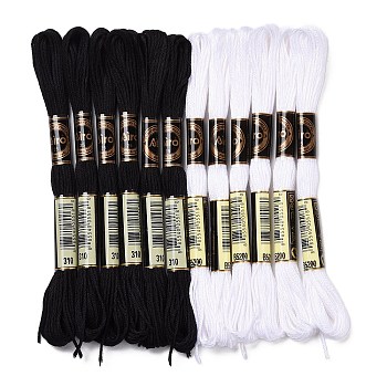 12 Skeins 2 Colors 6-Ply Polyester Embroidery Floss, Cross Stitch Threads, Black & White, 0.5mm, about 8.75 Yards(8m)/Skein, 6 skeins/color