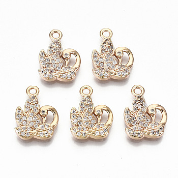 Brass Micro Pave Cubic Zirconia Pendants, Light Gold, Long-Lasting Plated, Cadmium Free & Lead Free, Swan, Clear, 17x12x3mm, Hole: 1.6mm