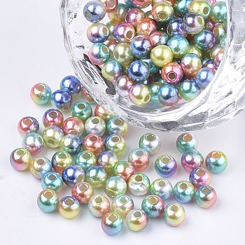 Rainbow ABS Plastic Imitation Pearl Beads, Gradient Mermaid Pearl Beads, Round, Colorful, 4x3.5mm, Hole: 1.2mm, about 18000pcs/500g