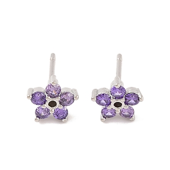 Brass Micro Pave Cubic Zirconia Stud Earrings for Women, Lead Free & Cadmium Free, Star, Purple, Platinum, 8x8.5mm