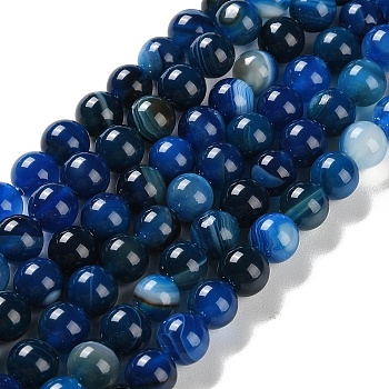 Natural Striped Agate/Banded Agate Beads Strands, Dyed, Round, Dodger Blue, 8mm, Hole: 1.2mm, about 24pcs/strand, 7.48''(19cm)