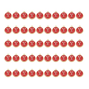 Golden Plated Alloy Charms, with Enamel, Enamelled Sequins, Flat Round, Red, Letter.Y, 14x12x2mm, Hole: 1.5mm, 50pcs/Box