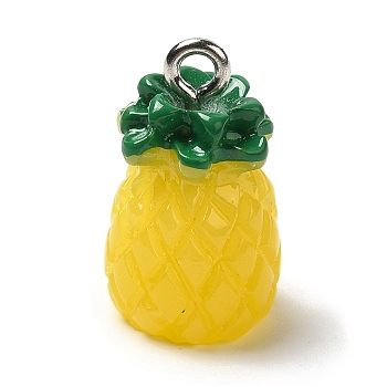 Opaque Resin Pendants, Pineapple Charms with Platinum Plated Iron Loops, Yellow, 22x12x11mm, Hole: 2mm