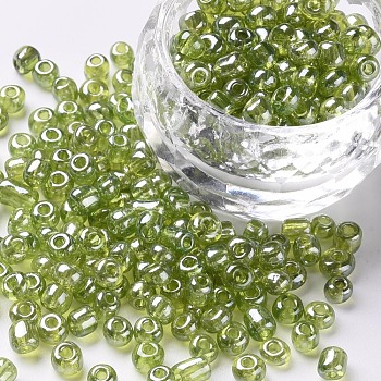 Glass Seed Beads, Trans. Colours Lustered, Round, Yellow Green, 4mm, Hole: 1.5mm, about 500pcs/50g, 50g/bag, 18bags/2pounds