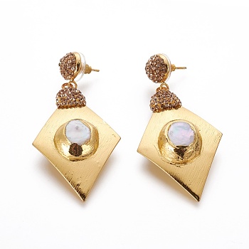 Natural Pearl Dangle Stud Earrings, with Brass Findings, Polymer Clay Rhinestone and Plastic Ear Nuts, Rhombus, Golden, 60mm, Pin: 0.8mm
