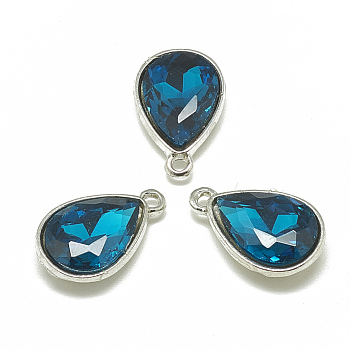 Alloy Glass Charms, Faceted, teardrop, Platinum, Teal, 14.5x9x5mm, Hole: 1.5mm