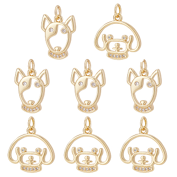 8Pcs 2 Style Brass Micro Pave Clear Cubic Zirconia Pendants, Long-Lasting Plated, Cadmium Free & Lead Free, Dog & Bull Terrier, Real 18K Gold Plated, 18~19x12~16x2mm, Hole: 3.5mm, 4pcs/style