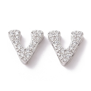 925 Sterling Silver Micro Pave Cubic Zirconia Beads, Real Platinum Plated, Letter V, 9x9.5x3.5mm, Hole: 2.5x1.5mm