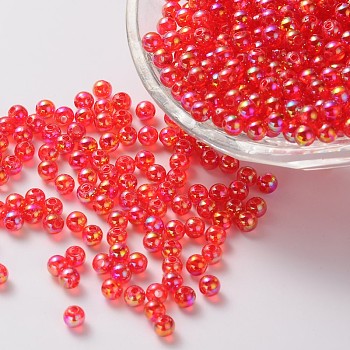 Eco-Friendly Transparent Acrylic Beads, Round, AB Color, Red, 4mm, Hole: about 1.2mm; about 17000pcs/500g.