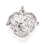 Rack Plating Brass Cage Pendants, Nickel Free, For Chime Ball Pendant Necklaces Making, Hollow Heart, Platinum, 31x33x15.5mm, Hole: 3x7mm, inner measure: 22x26mm(KK-Q402-08P)