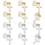12Pcs 2 Colors Rack Plating Brass Pendants, with Jump Rings, Long-Lasting Plated, Lead Free & Cadmium Free, Cross & Heart, Platinum & Golden, Jump Ring: 4.6x0.8mm, 3mm Inner Diameter, Heart: 8x8x1mm, Cross: 15x8x1.5mm, 6pcs/color(KK-UN0005-96)