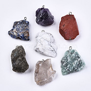 Natural Mixed Gemstone Pendants, Rough Raw Stone, with 304 Stainless Steel Loops, Nuggets, Stainless Steel Color, 26~45x23~36x7~14mm, Hole: 2mm(G-N332-022)
