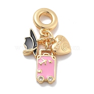 Brass Pink Enamel & Clear Cubic Zirconia Dangle Charms, Large Hole Pendants, Real 18K Gold Plated, Hat & Luggage & Heart, 32mm, Hole: 4.5mm(KK-M305-15G-02)